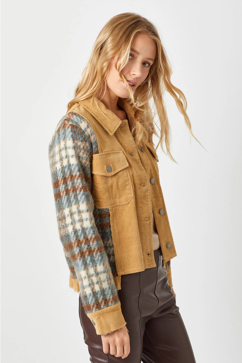 Plaid Sleeve Corduroy Jacket