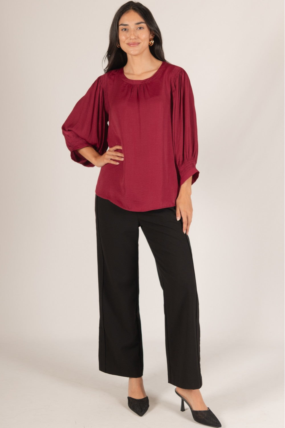 Satin Shirred Shoulder Blouse