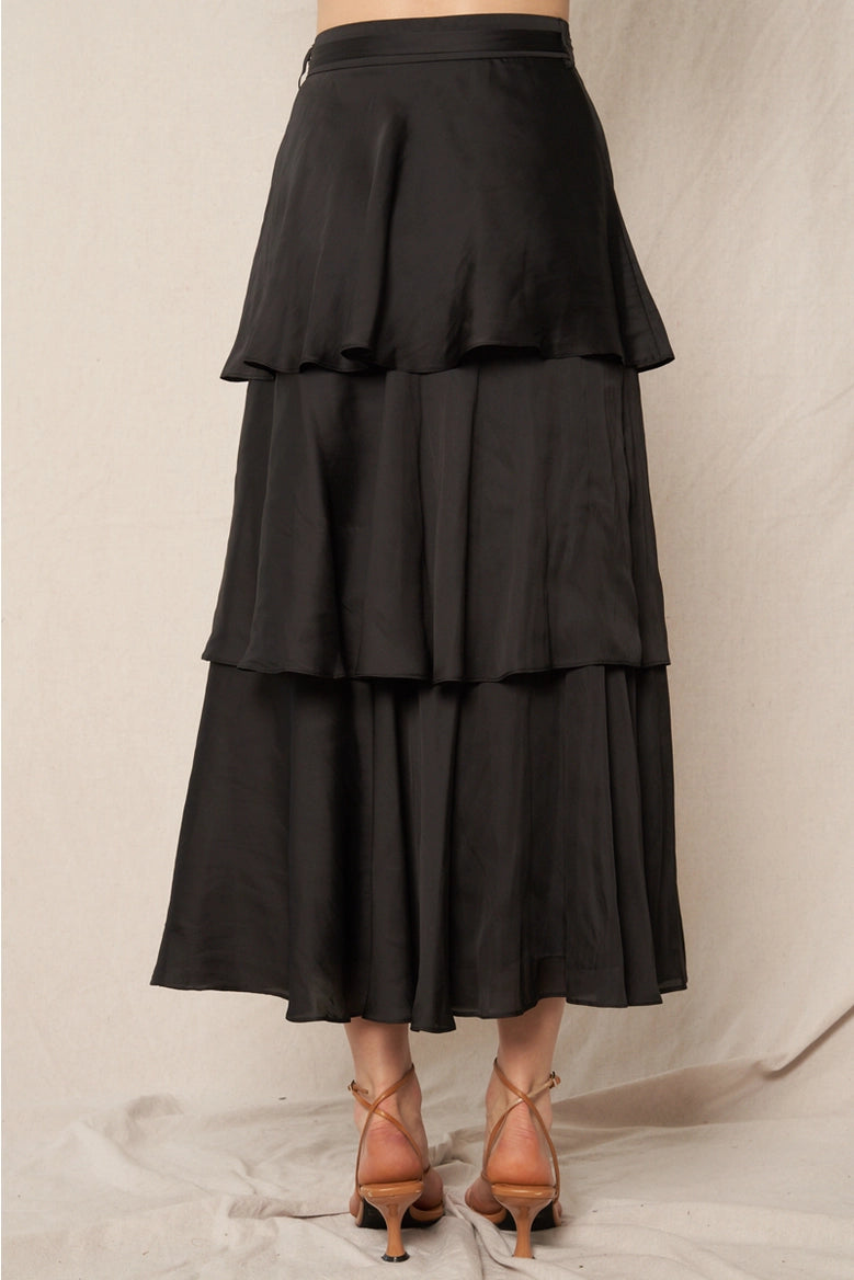 Satin Tiered Midi Skirt