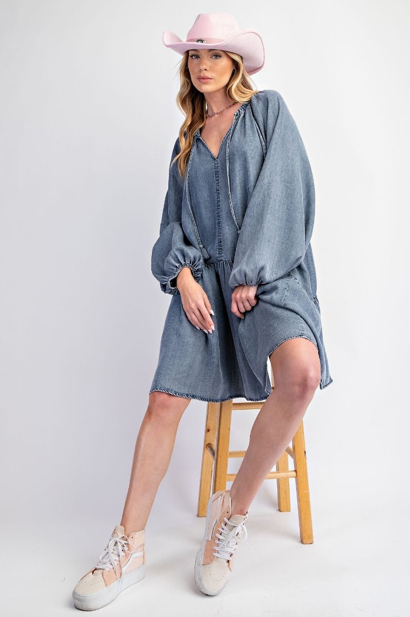 Washed Denim Tiered Dress