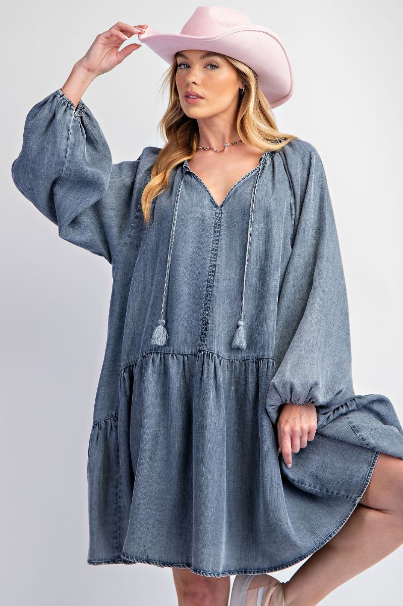 Washed Denim Tiered Dress