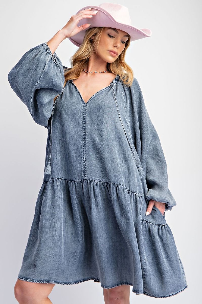 Washed Denim Tiered Dress