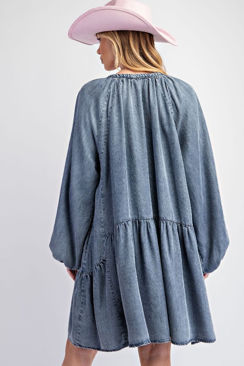 Washed Denim Tiered Dress