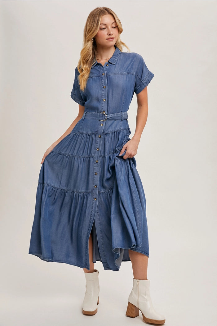 Tiered Denim Maxi Dress