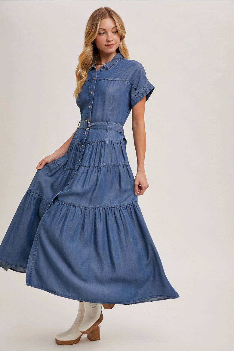 Tiered Denim Maxi Dress